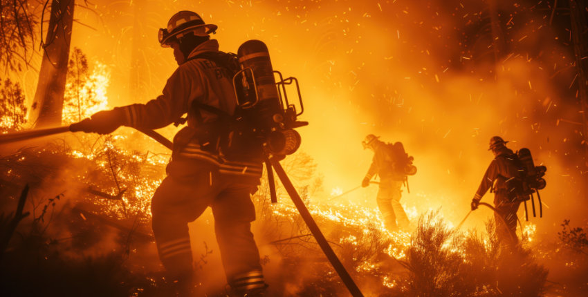 Umringt von Flammen löschen Feuerwehrleute einen Waldbrand