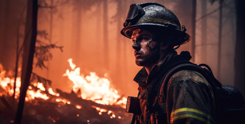 A firefighter stares intently amidst a forest fire