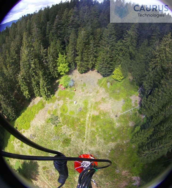 Zeigt den Birdseye-Blick unterhalb des Helikopters auf den Wald